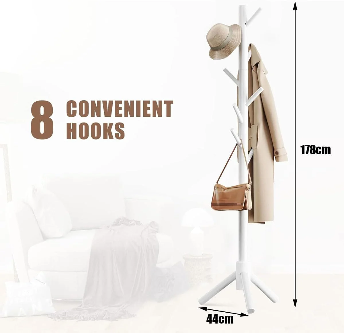 چوب لباسی ایستاده چوبی، با 8 آویز از جنس چوب کاج لاک زده شده، مناسب برای کت، کلاه، شال، لباس و کیف دستی (سفید)