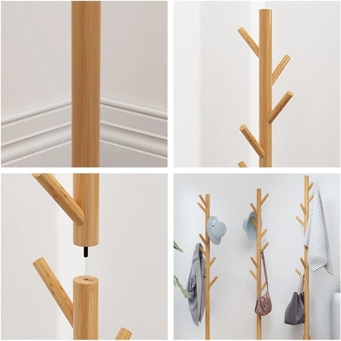 چوب لباسی ایستاده چوبی، با 8 آویز از جنس چوب کاج لاک زده شده، مناسب برای کت، کلاه، شال، لباس و کیف دستی (سفید)