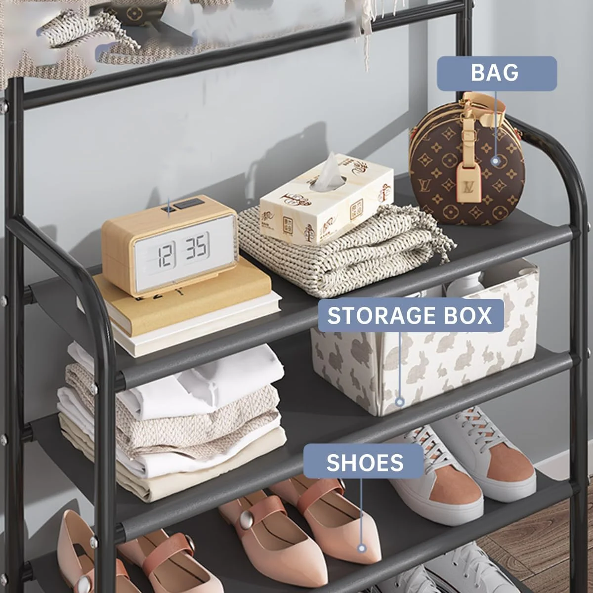 جالباسی ایستاده ECVV، رخت آویز ایستاده 3 در 1 با نیمکت جاکفشی، قفسه چتر و کلاه، قفسه های ذخیره سازی با 8 آویز، سازمان دهنده چند منظوره راهرو (مشکی)