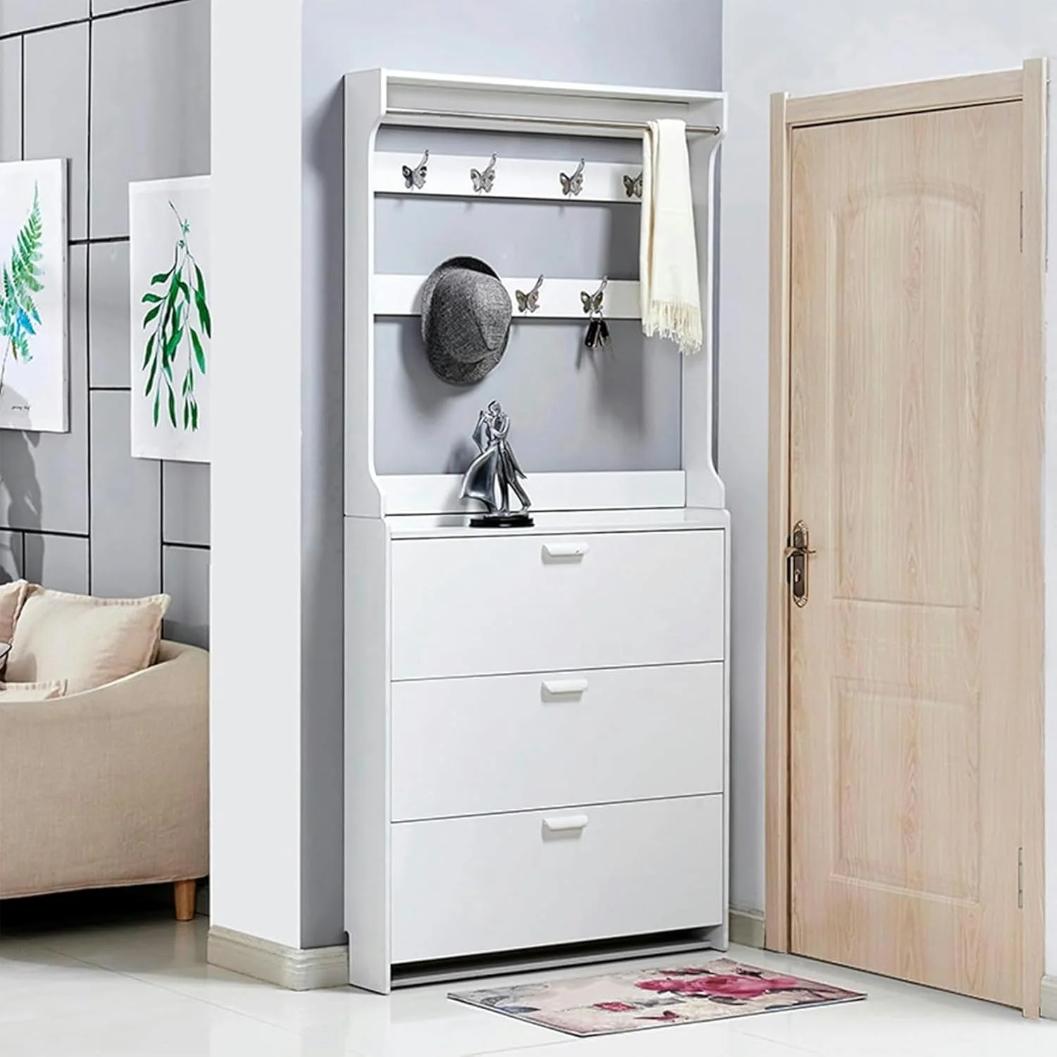 جاکفشی مدرن سفید با 3 کشو تاشو برای ورودی، سازمان دهنده مخفی برای راهروی باریک، اتاق خواب، اتاق نشیمن، قفسه مستقل با ظرفیت عالی با 3 قسمت (D-70X17X208Cm)