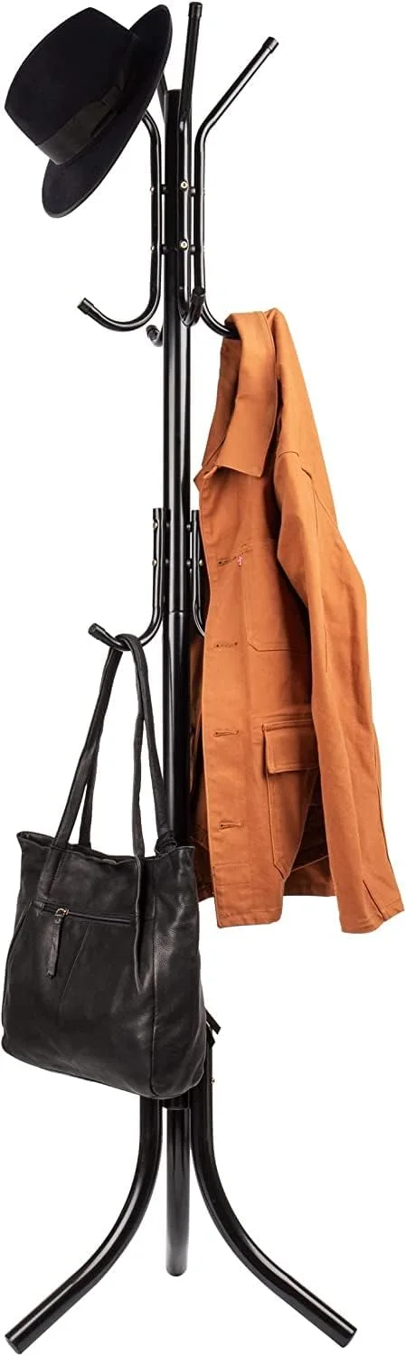 جالباسی ایستاده فلزی، آویز کلاه، قلاب برای کت، کیف پول، شال، پایه چتر، مشکی