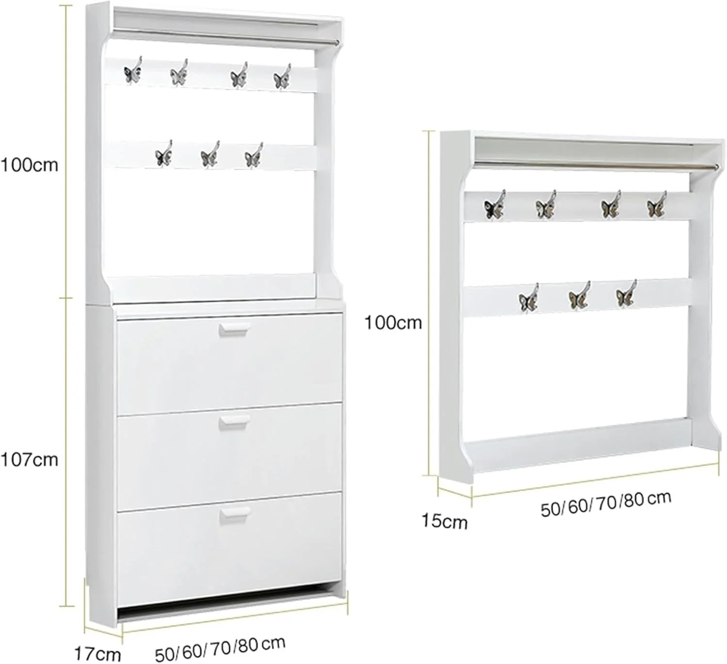 جاکفشی مدرن سفید با 3 کشو تاشو برای ورودی، سازمان دهنده مخفی برای راهروی باریک، اتاق خواب، اتاق نشیمن، قفسه مستقل با ظرفیت عالی با 3 قسمت (D-70X17X208Cm)