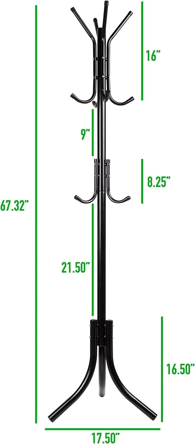 جالباسی ایستاده فلزی، آویز کلاه، قلاب برای کت، کیف پول، شال، پایه چتر، مشکی