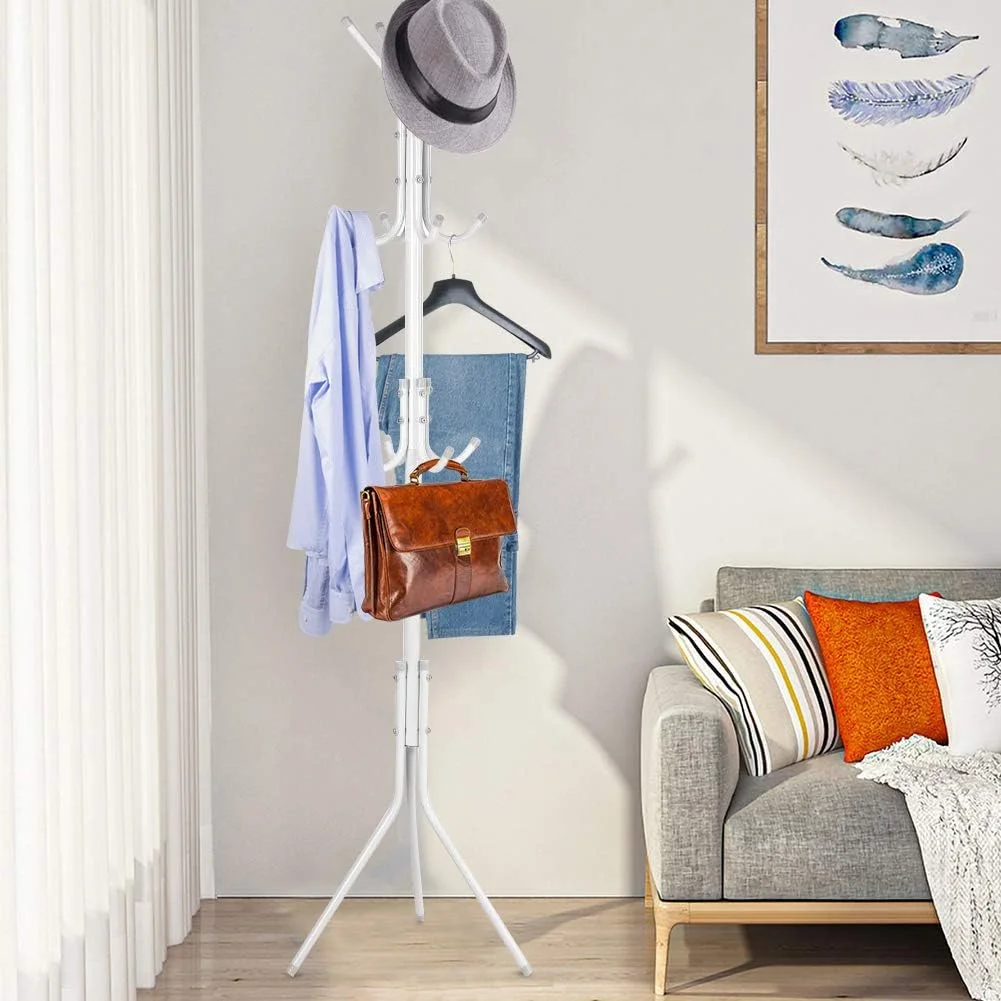 چوب لباسی ایستاده Ejoyous، دارای 10 آویز، آویز کلاه فلزی، جالباسی ایستاده برای نگهداری لباس، مناسب برای ورودی منزل، آویزان کردن ژاکت، لباس، شال، کیف دستی، چتر (سفید)