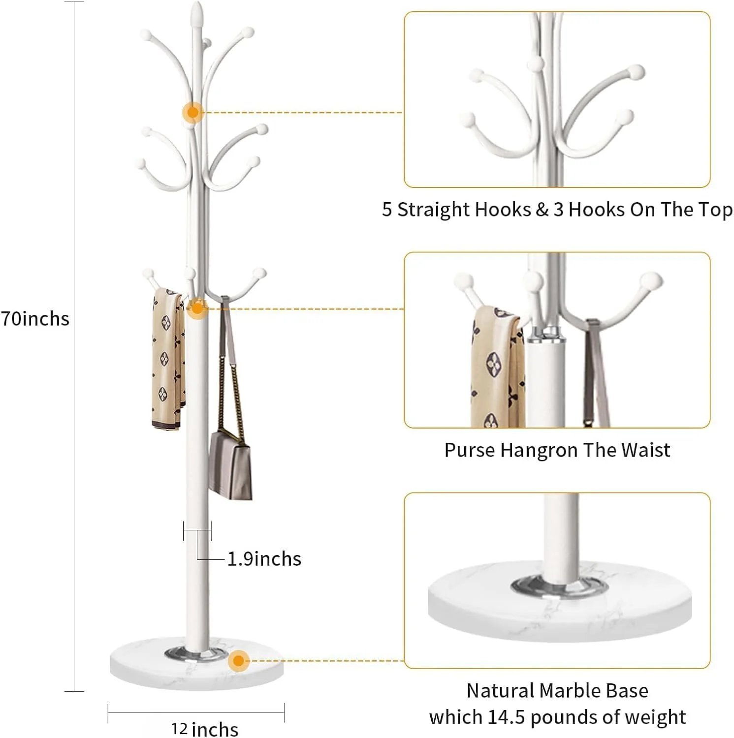 جالباسی ایستاده فلزی EETU با پایه مرمر طبیعی، جالباسی مستقل، آویز لباس ایستاده با 12 قلاب برای آویزان کردن لباس، کیف، شال، چوب لباسی برای ورودی، راهرو، اتاق خواب (سفید)