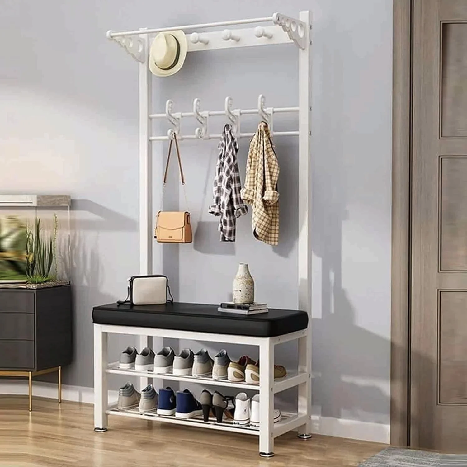 نیمکت جالباسی ورودی با قفسه کفش، استند چند منظوره 3 در 1 برای لباس، کلاه، با قاب فلزی و قفسه برای نگهداری وسایل، مناسب برای ورودی منزل، اتاق نشیمن، ایستاده، 100 * 33 * 170 سانتی متر (سفید مشکی - 60 سانتی متر)