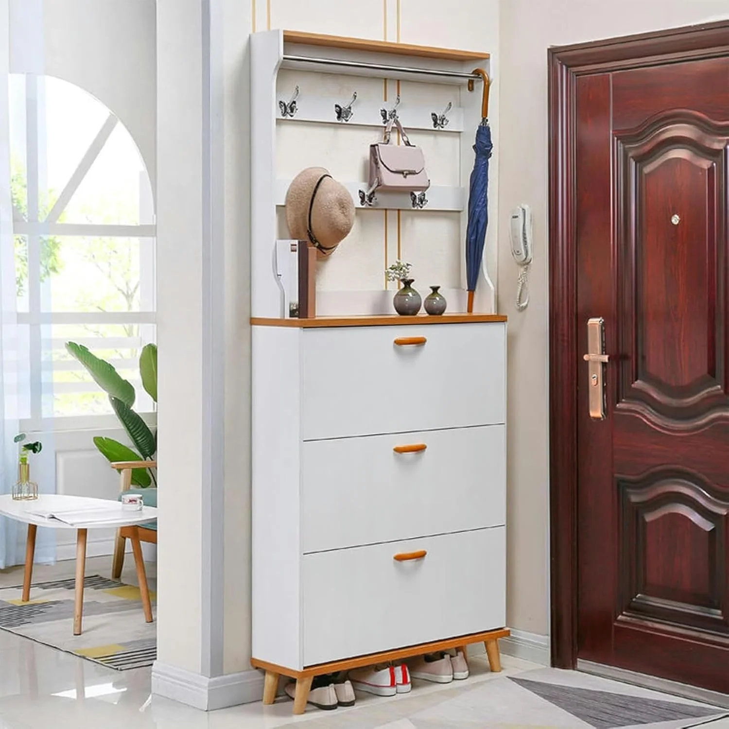 جالباسی ورودی، جاکفشی با 3 کشو تاشو، مستقل، باریک و نازک برای ورودی درب اصلی، نگهداری کفش های چوبی پنهان مقاوم (B-70X24X208Cm)