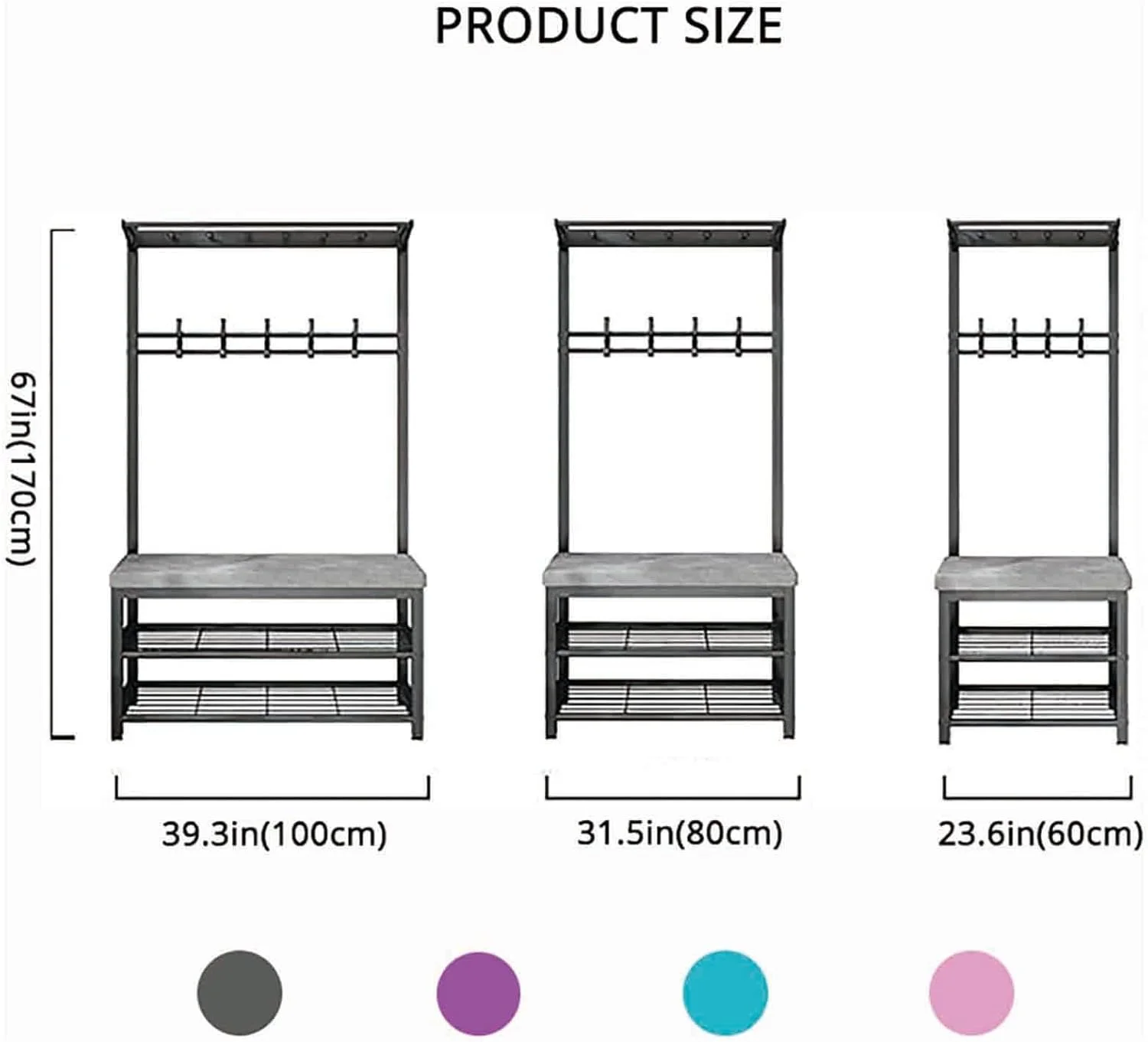نیمکت جالباسی ورودی با قفسه کفش، استند چند منظوره 3 در 1 برای لباس، کلاه، با قاب فلزی و قفسه برای نگهداری وسایل، مناسب برای ورودی منزل، اتاق نشیمن، ایستاده، 100 * 33 * 170 سانتی متر (سفید مشکی - 60 سانتی متر)