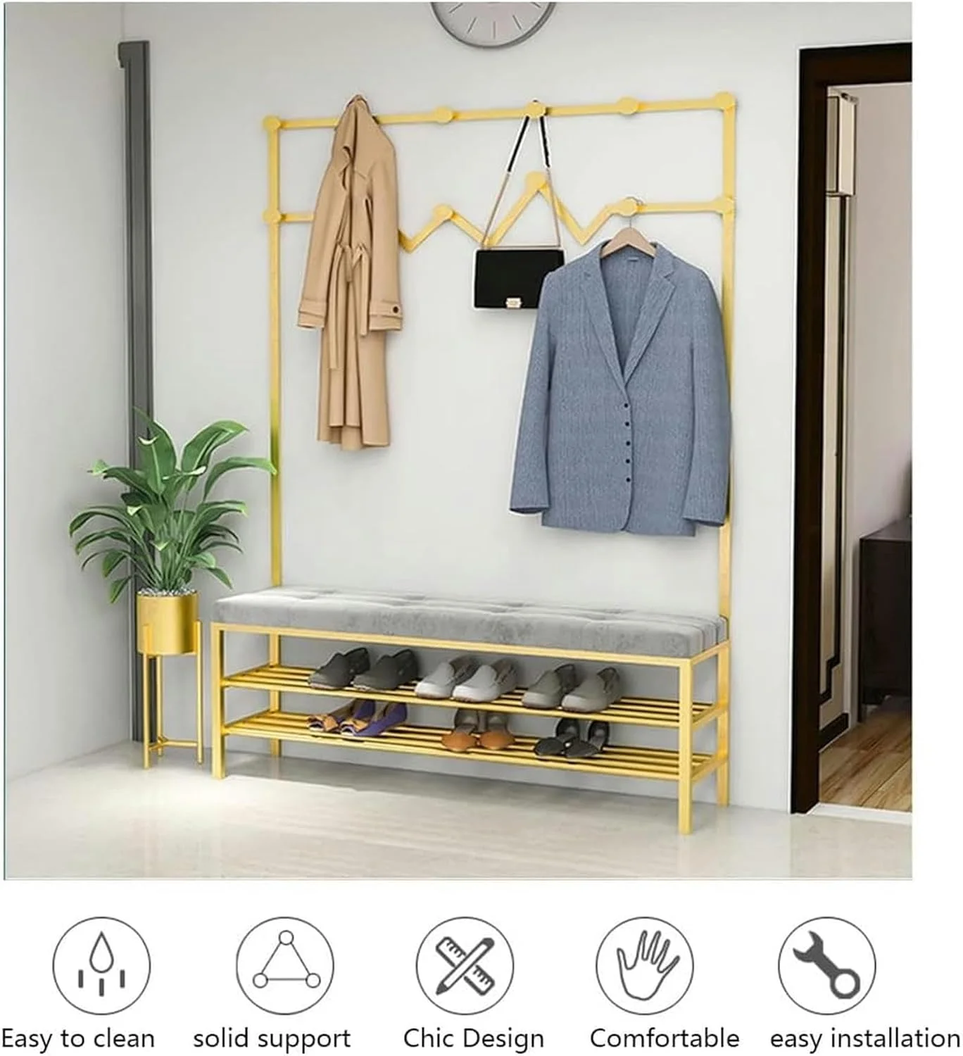 رخت آویز 3 در 1 برای راهرو، جاکفشی، رخت آویز ورودی، با انبار، چوب لباسی با قلاب، قفسه ذخیره سازی آهن فرفورژه، مونتاژ آسان (D-50X30X175Cm)