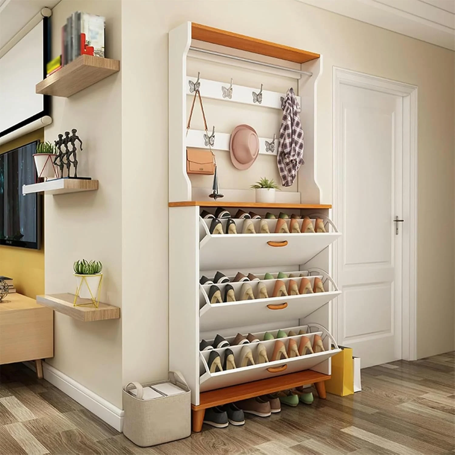 جالباسی ورودی، جاکفشی با 3 کشو تاشو، مستقل، باریک و نازک برای ورودی درب اصلی، نگهداری کفش های چوبی پنهان مقاوم (B-70X24X208Cm)