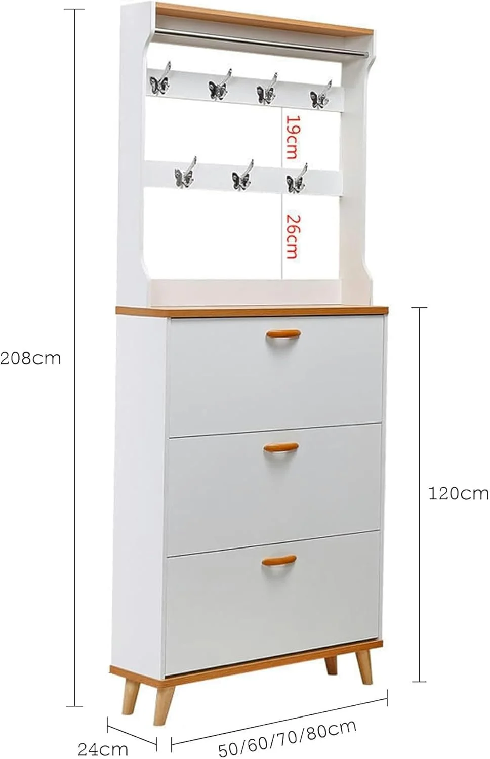 جالباسی ورودی، جاکفشی با 3 کشو تاشو، مستقل، باریک و نازک برای ورودی درب اصلی، نگهداری کفش های چوبی پنهان مقاوم (B-70X24X208Cm)