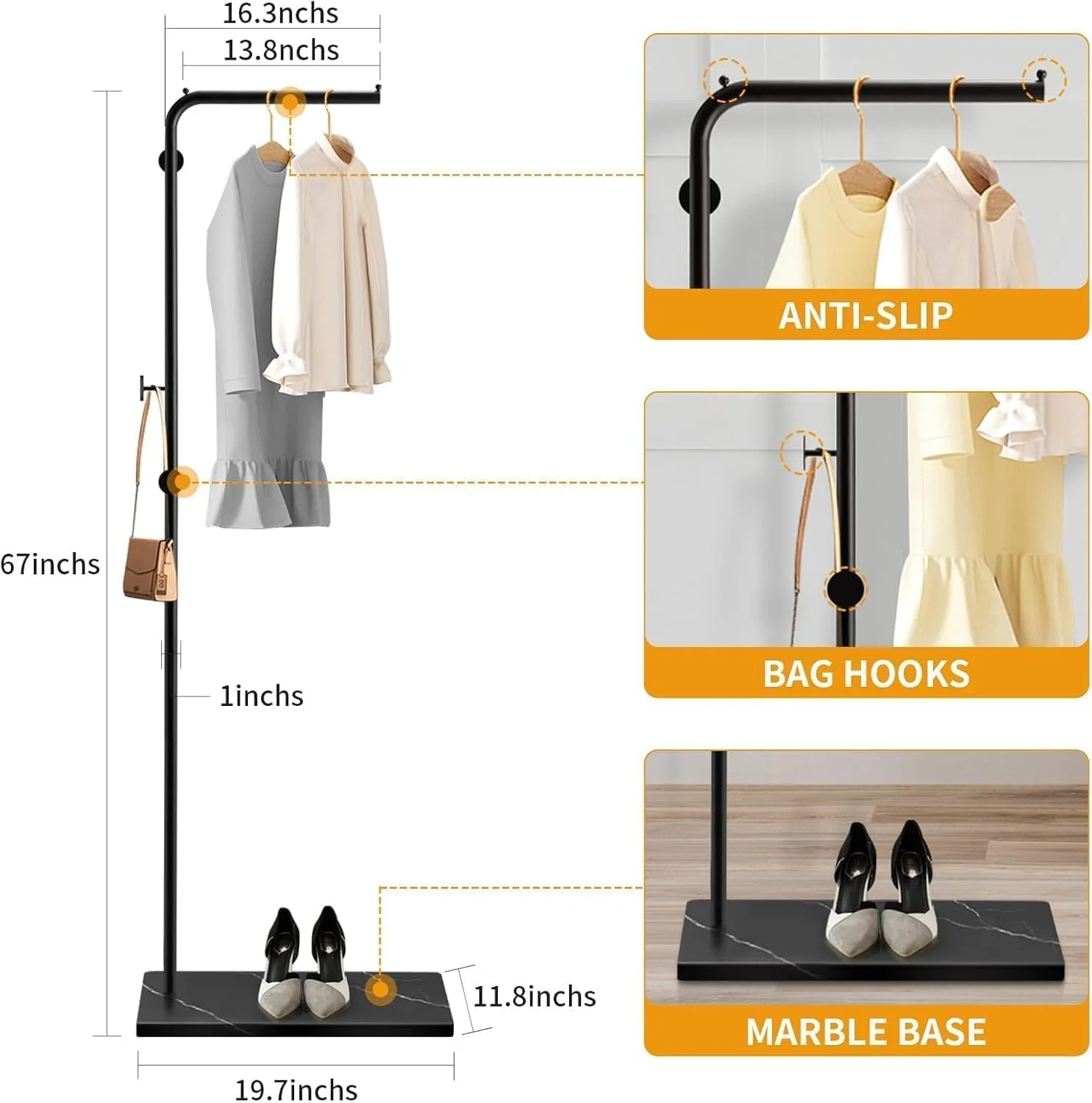 جالباسی ایستاده فلزی EETU، ارتفاع 170 سانتی متر، جالباسی ورودی با 3 آویز، جالباسی محکم L شکل، پایه مرمری طبیعی، جالباسی مدرن برای اتاق نشیمن، اتاق خواب (مشکی+مشکی)