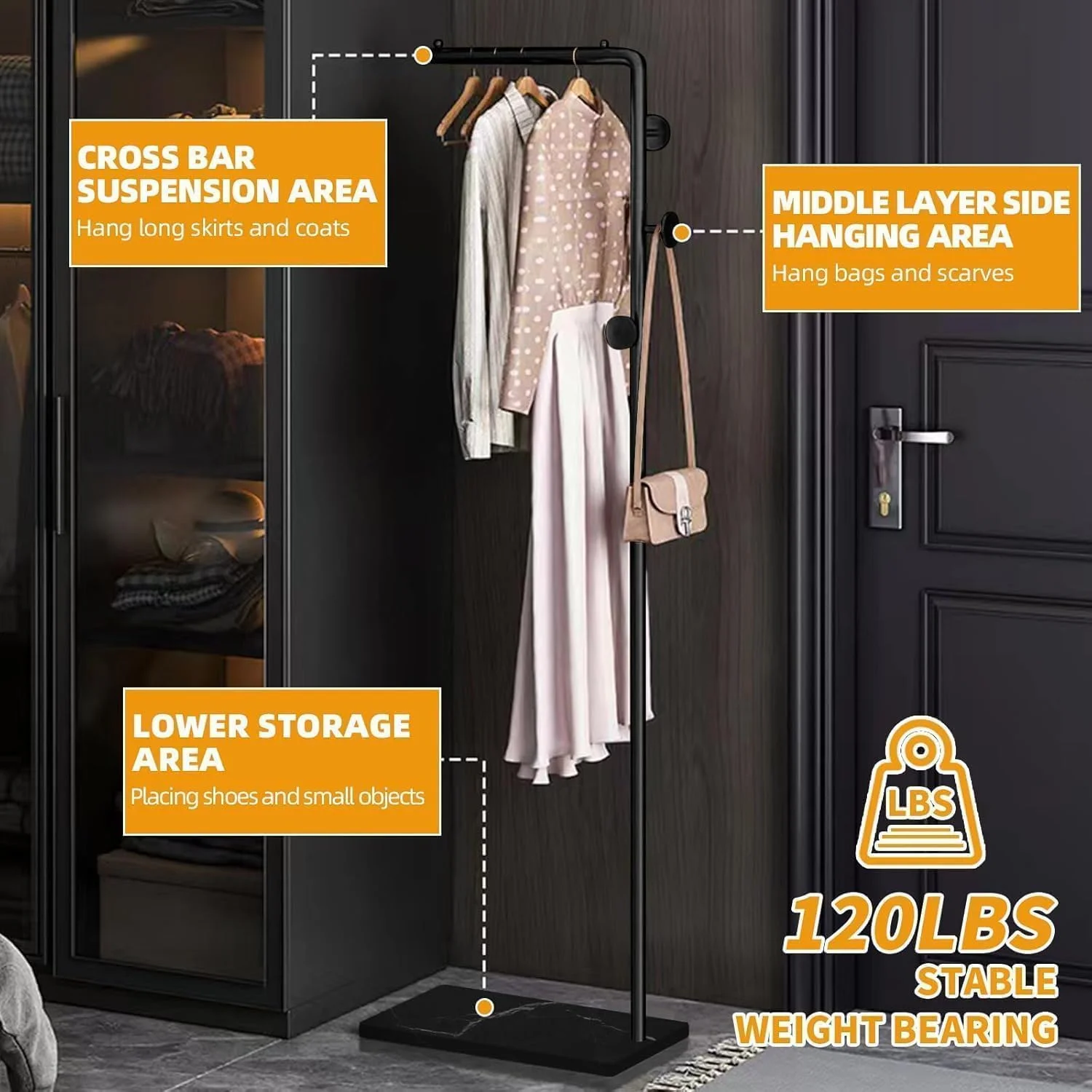 جالباسی ایستاده فلزی EETU، ارتفاع 170 سانتی متر، جالباسی ورودی با 3 آویز، جالباسی محکم L شکل، پایه مرمری طبیعی، جالباسی مدرن برای اتاق نشیمن، اتاق خواب (مشکی+مشکی)