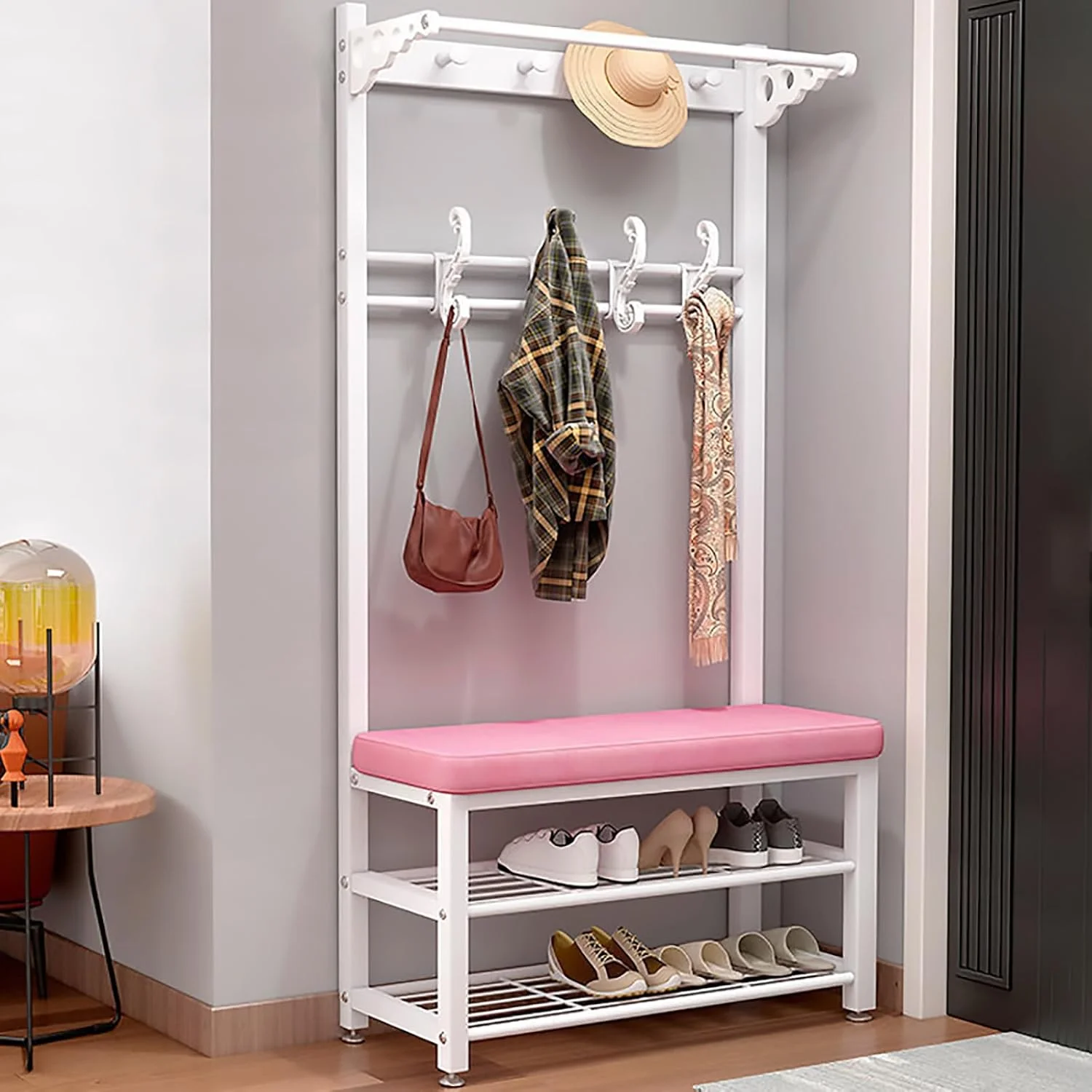 جالباسی فلزی چندمنظوره با نیمکت کفش، آویز لباس، آویز کلاه و قفسه برای ورودی اتاق خواب، نشیمن، راهرو، سفید 60 سانتی متر
