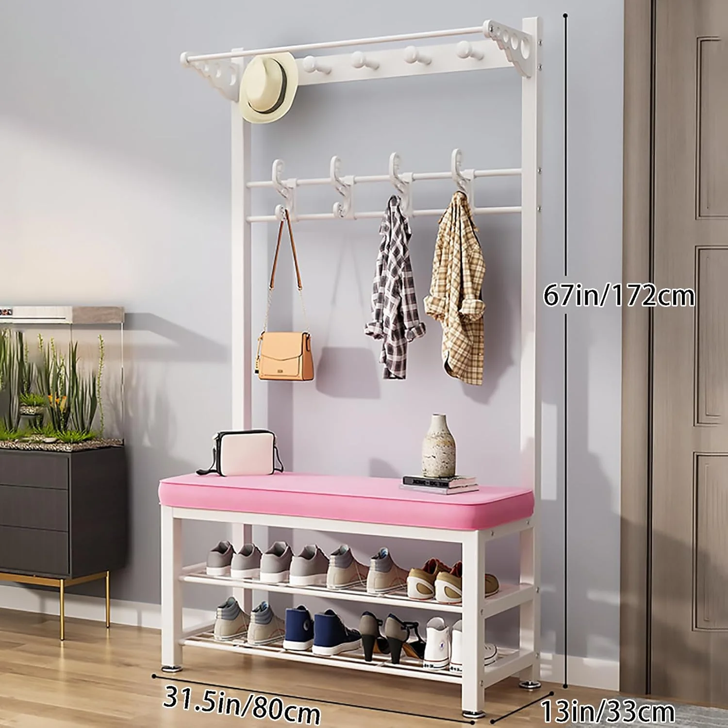 جالباسی فلزی چندمنظوره با نیمکت کفش، آویز لباس، آویز کلاه و قفسه برای ورودی اتاق خواب، نشیمن، راهرو، سفید 60 سانتی متر