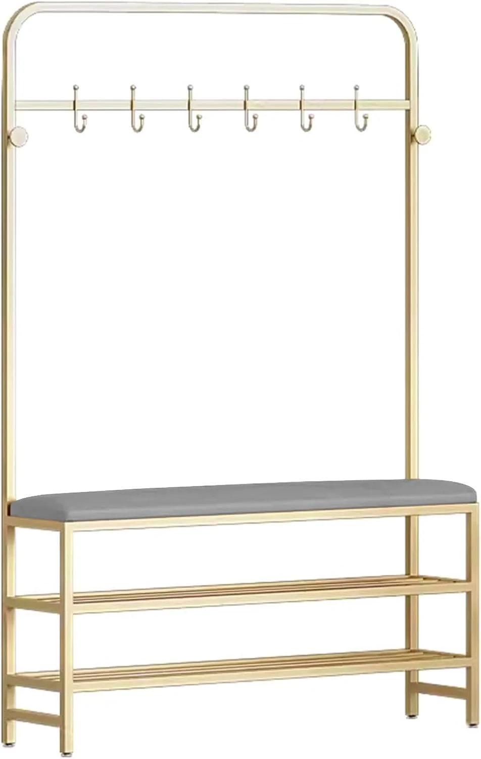 جالباسی ایستاده ۳ در ۱ با نیمکت ذخیره سازی، قفسه کفش و نشیمنگاه چرمی PU، قاب فلزی محکم و قلاب برای کت و کلاه (خاکستری طلایی - ۱۰۰x۲۵x۱۷۰ سانتی متر)