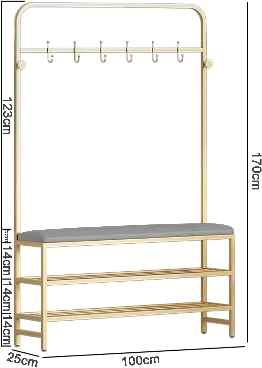 جالباسی ایستاده ۳ در ۱ با نیمکت ذخیره سازی، قفسه کفش و نشیمنگاه چرمی PU، قاب فلزی محکم و قلاب برای کت و کلاه (خاکستری طلایی - ۱۰۰x۲۵x۱۷۰ سانتی متر)
