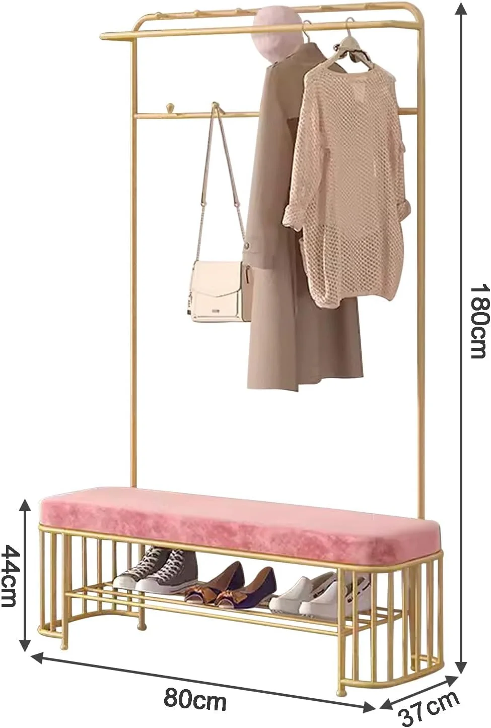 جالباسی ایستاده چند منظوره با نیمکت و قفسه دو طبقه، مناسب برای ورودی، اتاق نشیمن و اتاق خواب، رنگ صورتی، ابعاد 80x37x180 سانتی متر