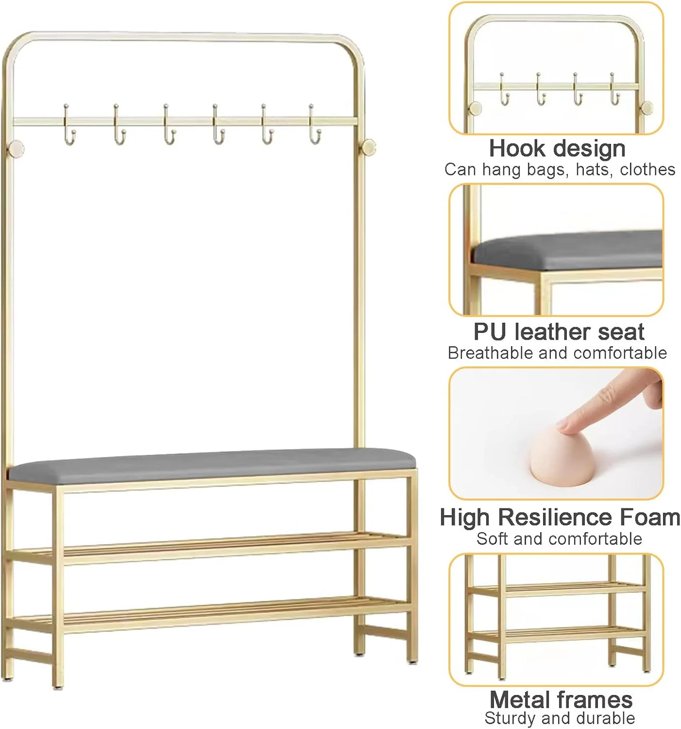 جالباسی ایستاده ۳ در ۱ با نیمکت ذخیره سازی، قفسه کفش و نشیمنگاه چرمی PU، قاب فلزی محکم و قلاب برای کت و کلاه (خاکستری طلایی - ۱۰۰x۲۵x۱۷۰ سانتی متر)