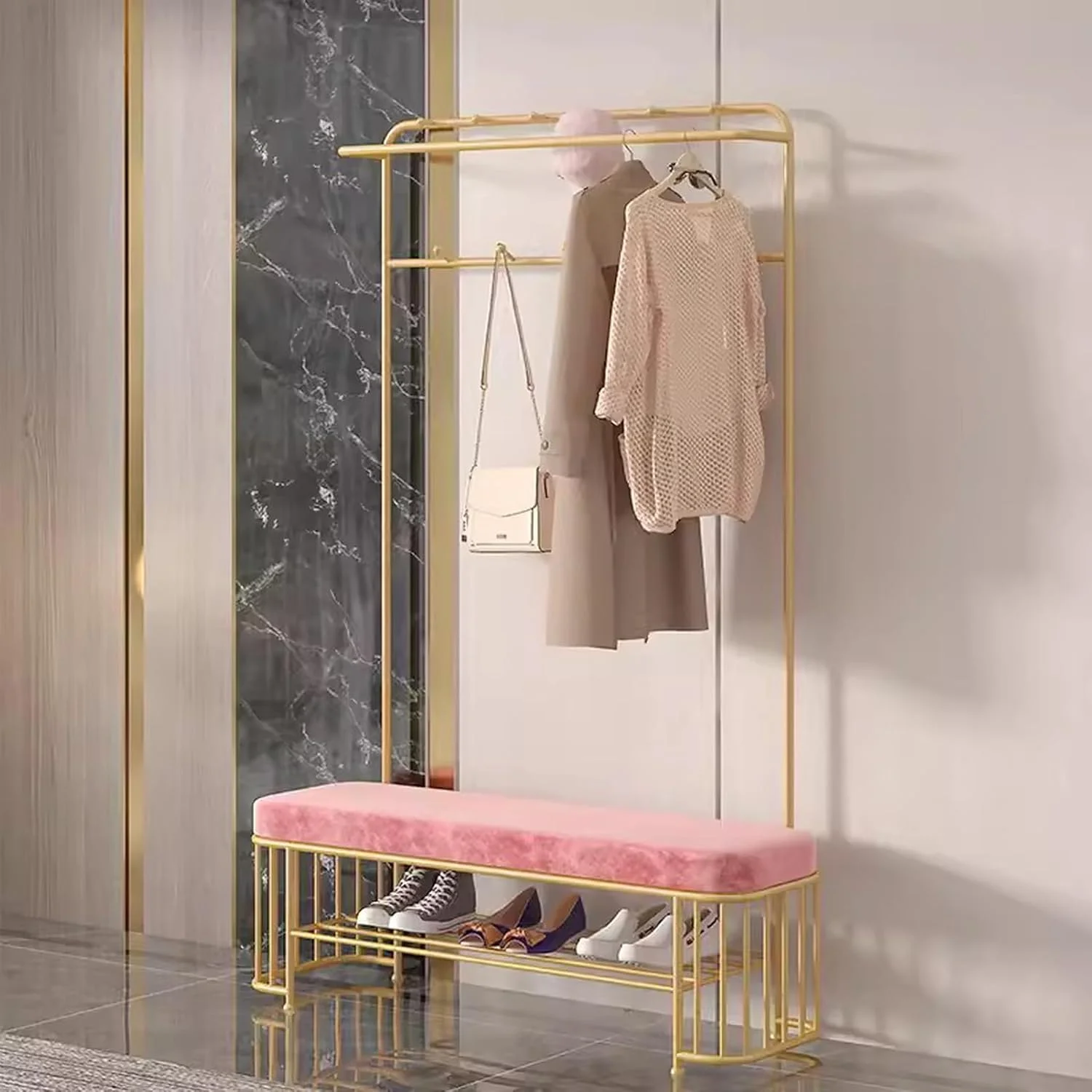 جالباسی ایستاده چند منظوره با نیمکت و قفسه دو طبقه، مناسب برای ورودی، اتاق نشیمن و اتاق خواب، رنگ صورتی، ابعاد 80x37x180 سانتی متر