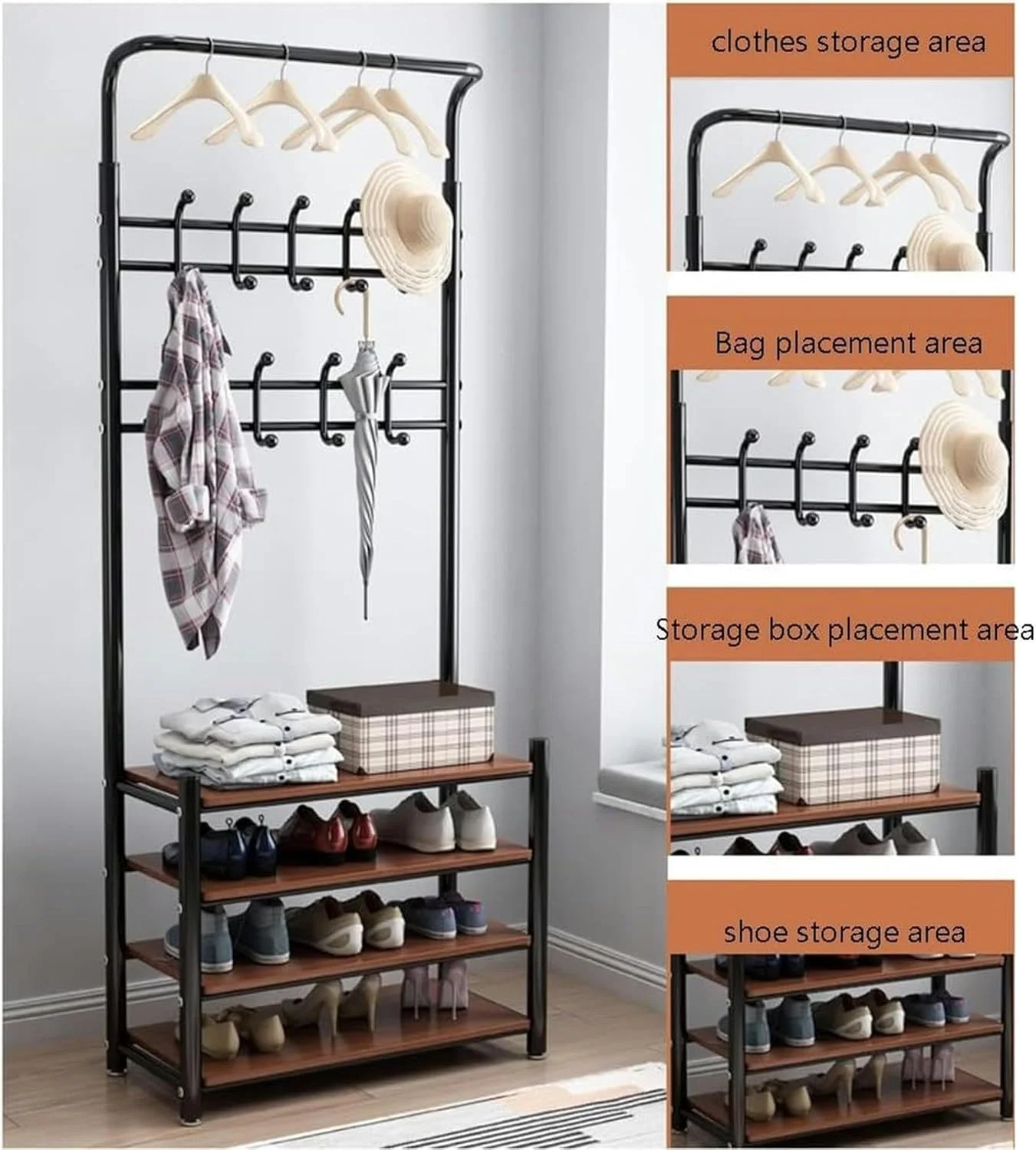 رخت آویز 3 در 1 مناسب راهرو، رخت آویز به همراه جاکفشی، رخت آویز ورودی، رخت آویز با قلاب های دوتایی، مبلمان صنعتی با تزیینات فلزی، نصب آسان (مشکی - 52X30X190 سانتی متر)