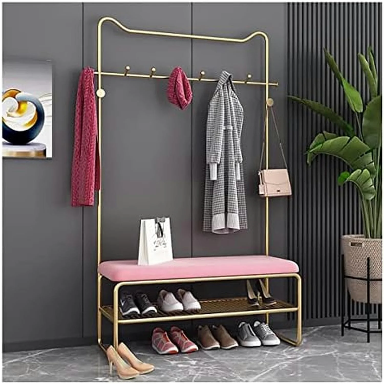 رخت آویز نفیس برای لباس، رخت آویز با جاکفشی مستقل با 8 آویز، رخت آویز با قفسه برای نگهداری کفش های راهرو، ورودی و اتاق خواب (صورتی - 60 سانتی متر)