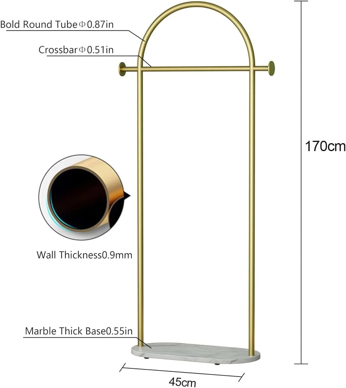 رگال لباس طلایی FC22 با پایه مرمر، ارتفاع 170 سانتی متر، رگال ایستاده لباس، رگال مدرن برای آویزان کردن لباس، رگال لباس برای بوتیک، دفتر (طلایی + مشکی)