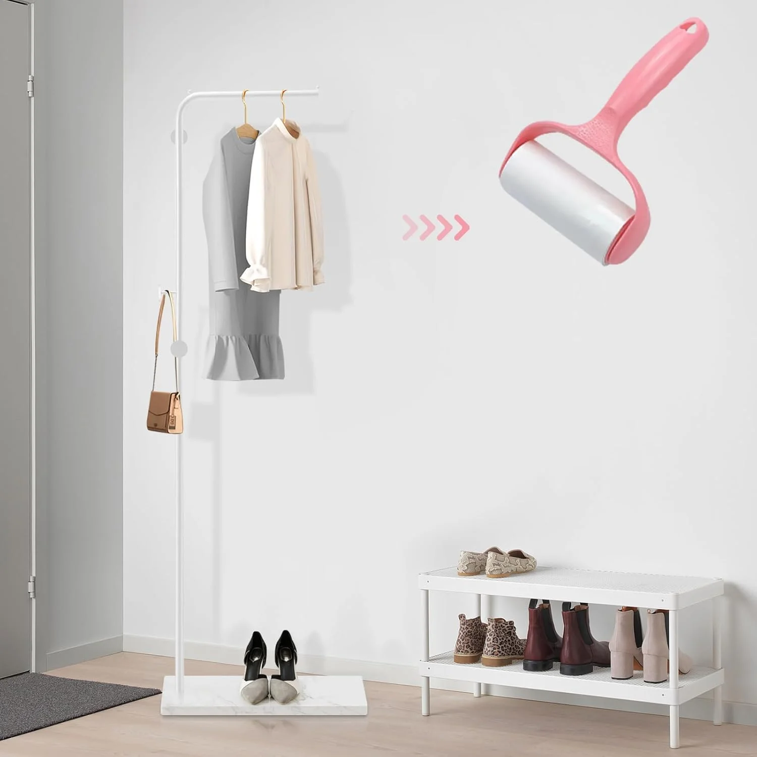 رخت آویز ایستاده فلزی با ارتفاع 178 سانتی متر، پایه سنگی طبیعی و پایدار، مناسب برای لباس های بیرونی، لباس ها، کیف های دستی، مناسب برای ورودی ها، راهروها و سالن ها (سفید)
