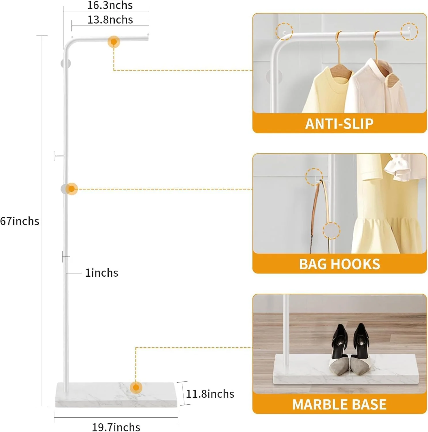 رخت آویز ایستاده فلزی با ارتفاع 178 سانتی متر، پایه سنگی طبیعی و پایدار، مناسب برای لباس های بیرونی، لباس ها، کیف های دستی، مناسب برای ورودی ها، راهروها و سالن ها (سفید)