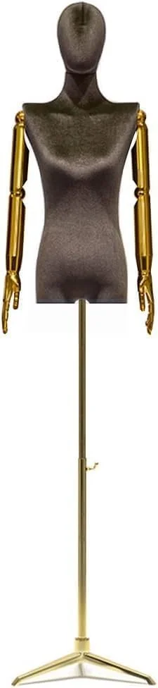 مانکن نیم تنه زنانه، قابل تنظیم ارتفاع، روکش مخمل و بازو، پایه سه پایه - قهوه ای 1