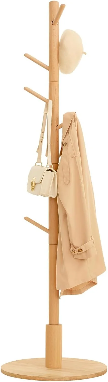 جالباسی ایستاده چوبی محکم، جالباسی ایستاده با ۹ آویز، ۳ ارتفاع قابل تنظیم، چوب لباسی ایستاده برای لباس، کلاه، شال گردن، کیف، مناسب برای اتاق خواب، دفتر، ورودی