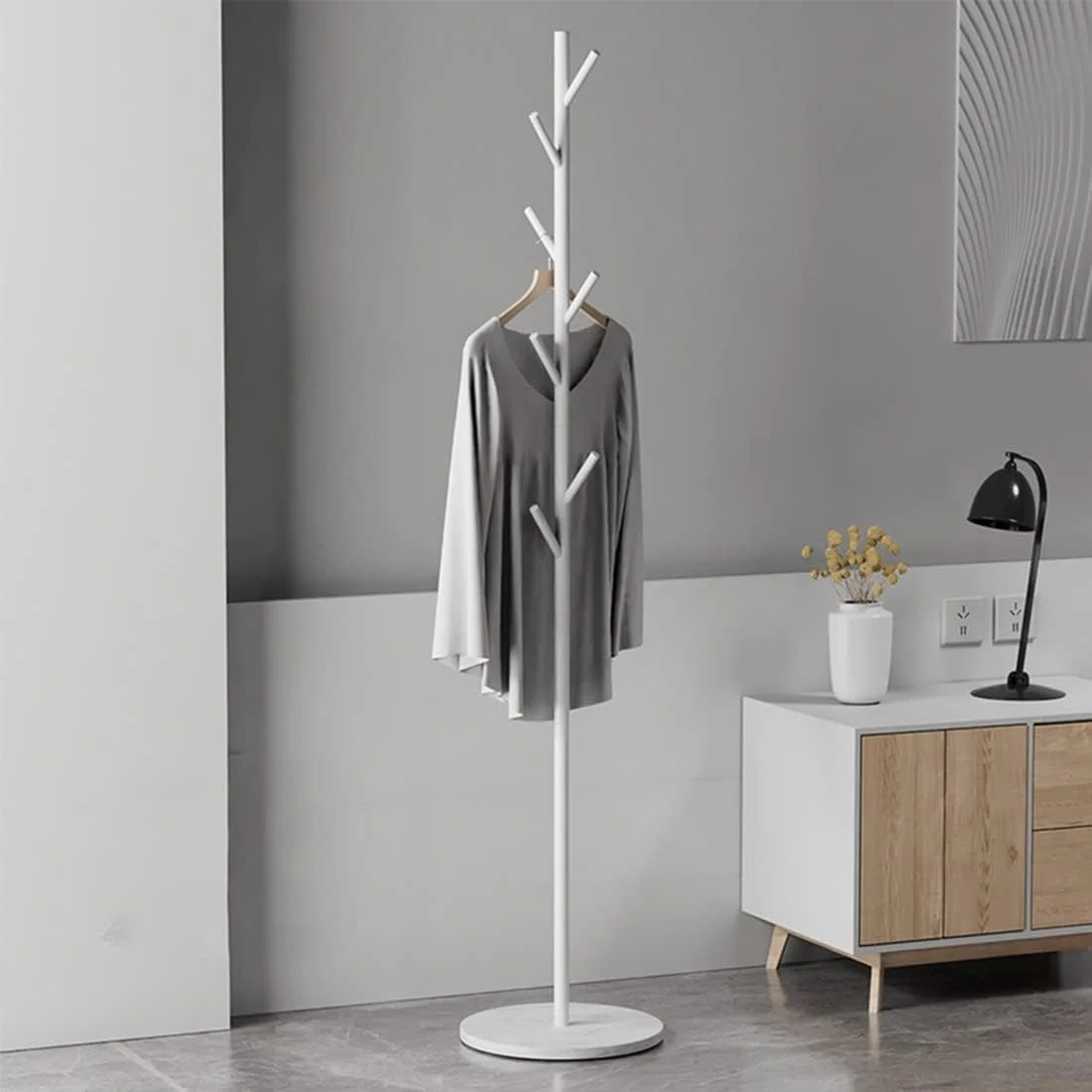 رخت آویز فلزی ایستاده فورثکان، رگال لباس برای لباس، کیف، کلاه، سازمان دهنده لباس برای خانه، دفتر، ورودی، راهرو (سفید)
