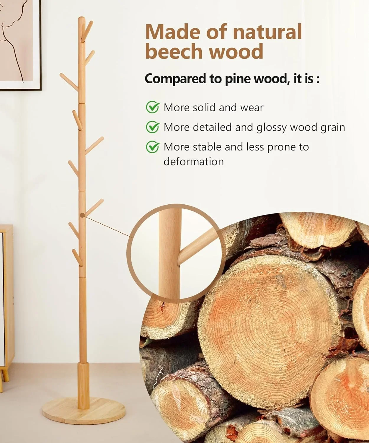 جالباسی ایستاده چوبی محکم، جالباسی ایستاده با ۹ آویز، ۳ ارتفاع قابل تنظیم، چوب لباسی ایستاده برای لباس، کلاه، شال گردن، کیف، مناسب برای اتاق خواب، دفتر، ورودی