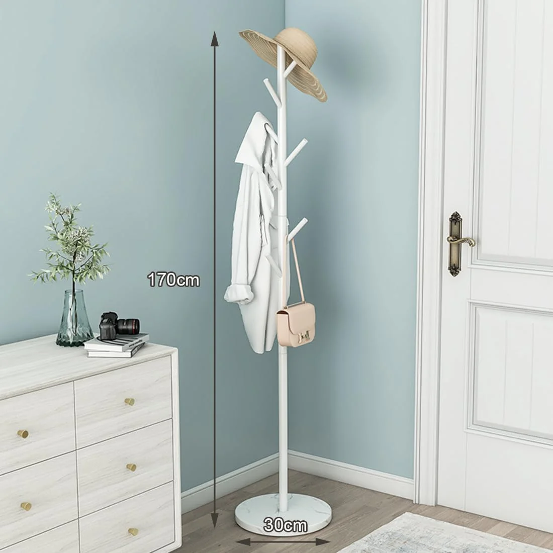 رخت آویز فلزی ایستاده فورثکان، رگال لباس برای لباس، کیف، کلاه، سازمان دهنده لباس برای خانه، دفتر، ورودی، راهرو (سفید)