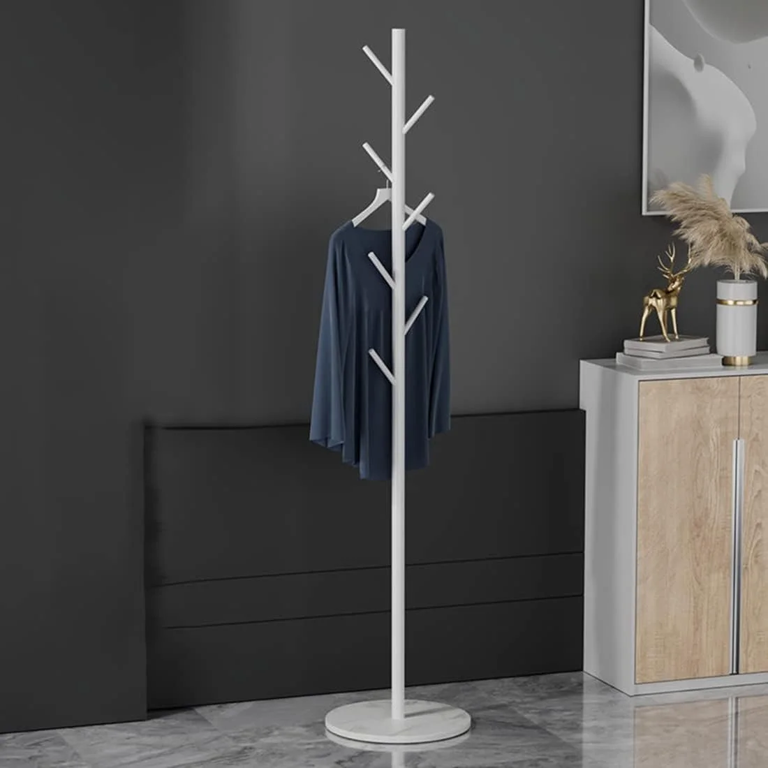 رخت آویز فلزی ایستاده فورثکان، رگال لباس برای لباس، کیف، کلاه، سازمان دهنده لباس برای خانه، دفتر، ورودی، راهرو (سفید)