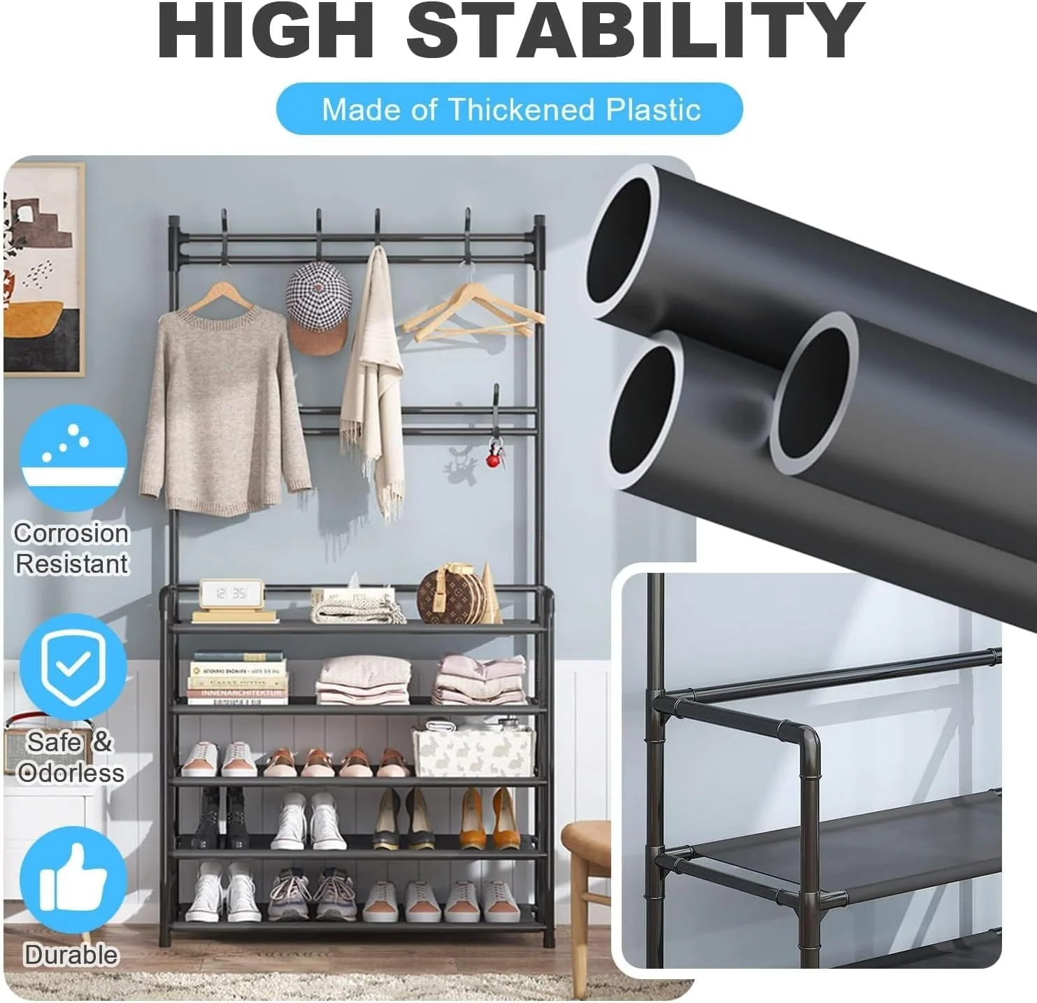 رخت آویز 5 طبقه با جاکفشی، کمد سازمان دهنده کفش 3 در 1 ورودی با 8 آویز، رخت آویز فلزی ایستاده برای نگهداری کفش، چوب لباسی برای اتاق نشیمن، اتاق خواب
