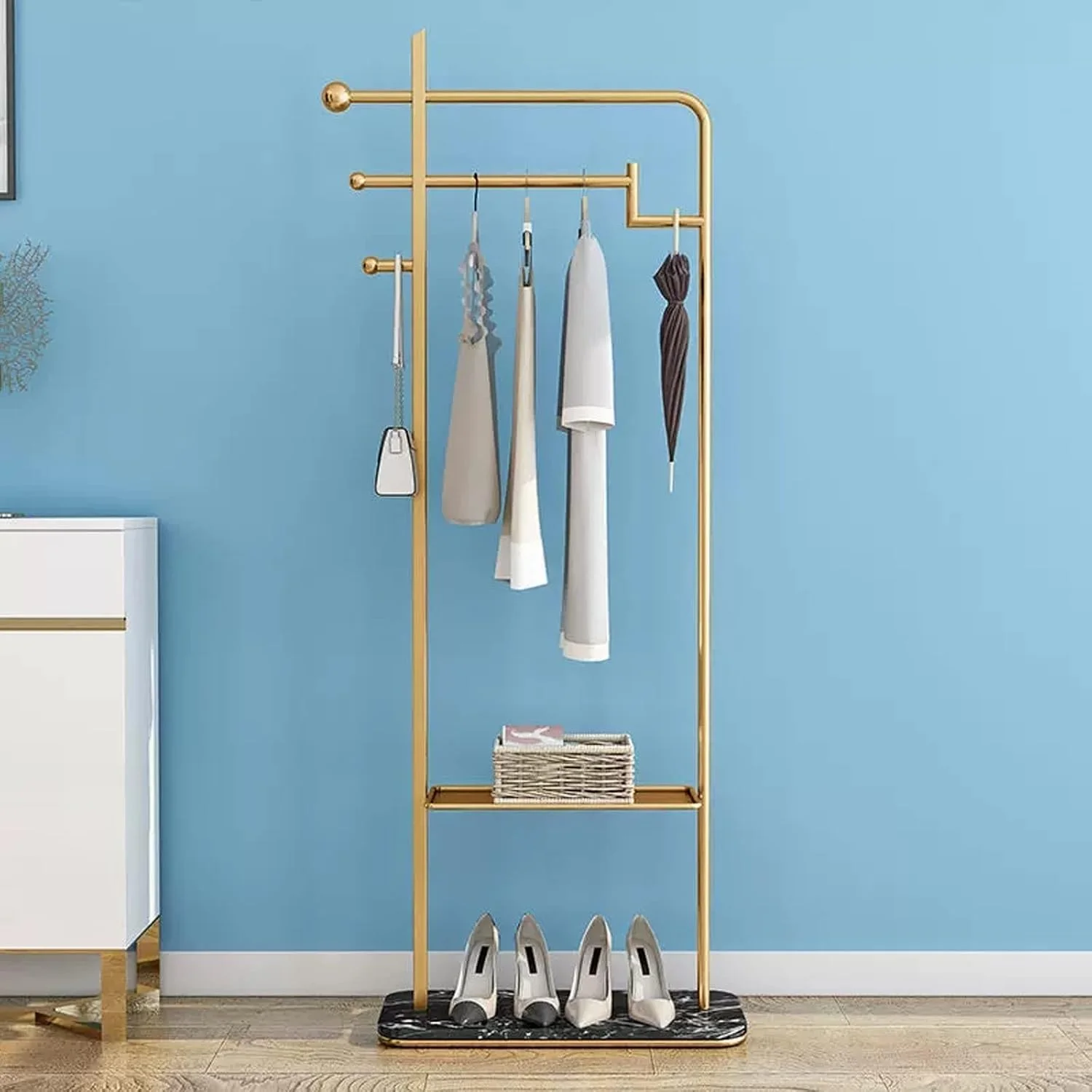 رخت آویز ایستاده طلایی مناسب اتاق خواب، رخت آویز آویز لباس، رخت آویز تک میله ای مناسب فروشگاه لباس هتل، رخت آویز ایستاده (سفید)