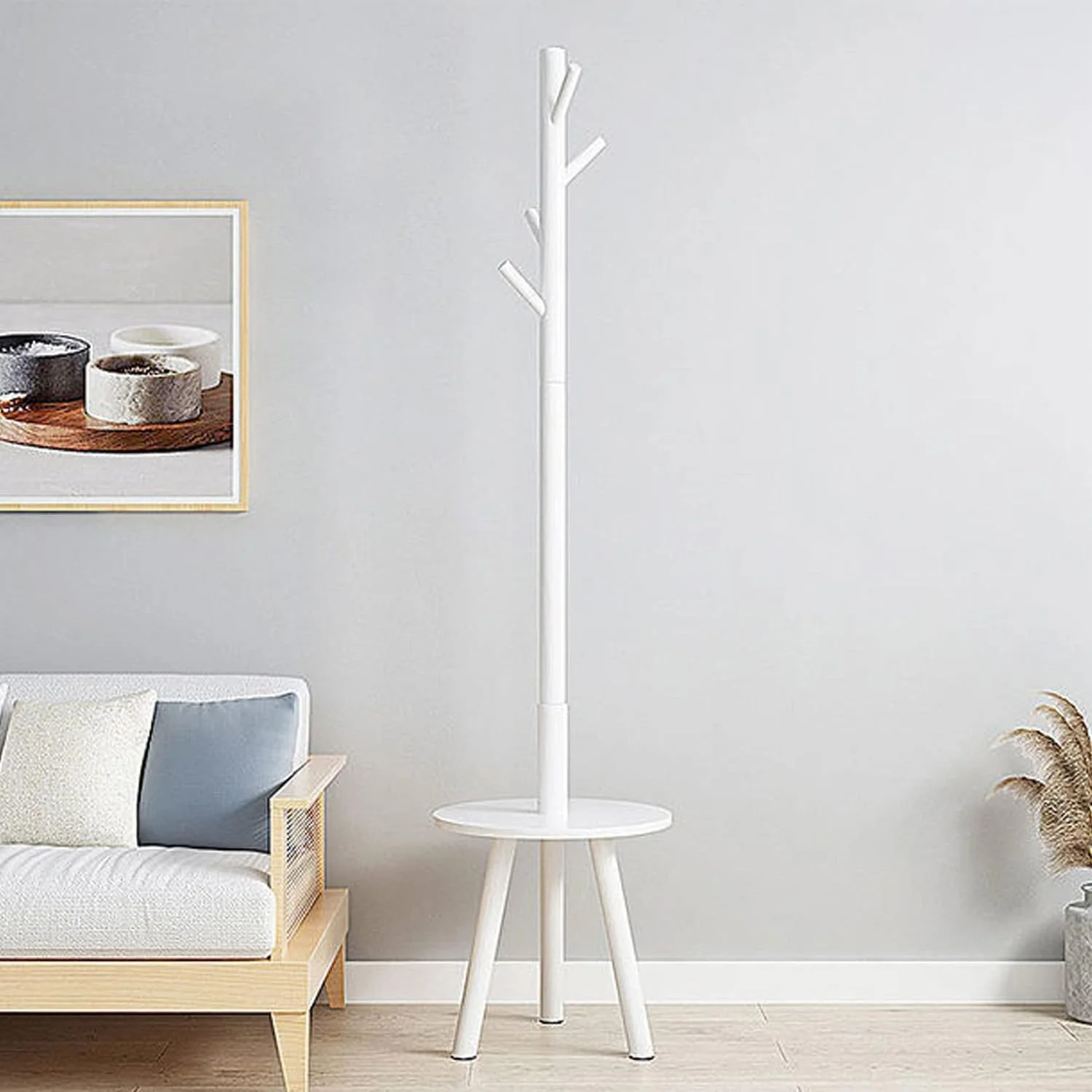 جالباسی ایستاده چوبی، آویز لباس چوبی جامد، آویز اتاق خواب، جالباسی ایستاده با قلاب، جالباسی محکم برای خانه/اتاق خواب/اداره/راهرو/ورودی (سفید)