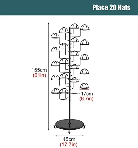 استند کلاه چرخ دار ایستاده، قفسه بزرگ نظم دهنده و نگهداری کلاه برای کلاه بیسبال/کلاه کابویی/کلاه لبه دار/کلکسیون کلاه
