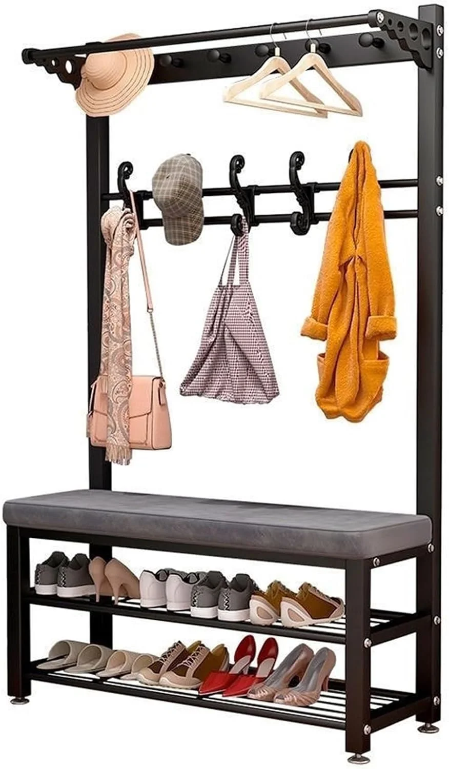 رخت آویز فلزی با نیمکت کفش و قلاب، آویز ایستاده سنگین برای لباس، کیف، کلاه، مناسب منزل، دفتر، ورودی راهرو، سفید (مشکی - 100x32x172 سانتی متر)