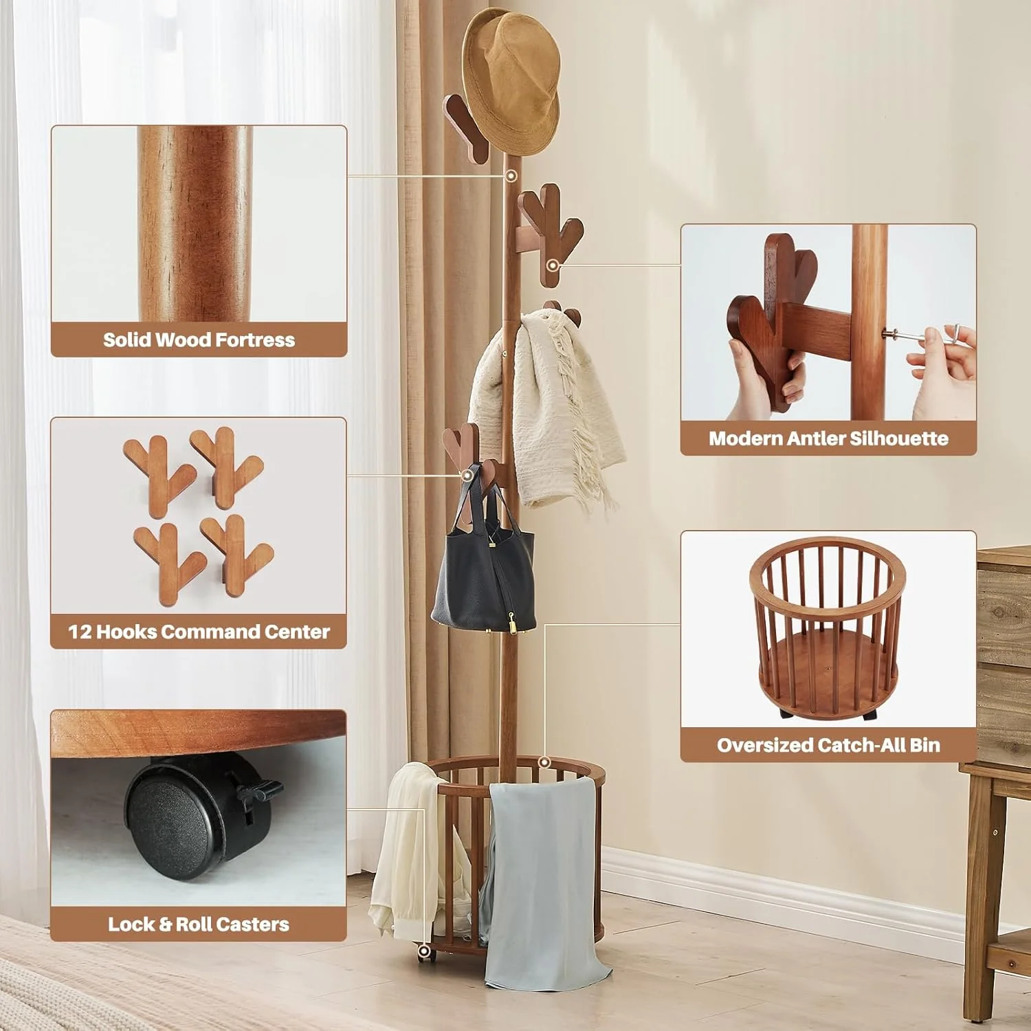 چوب لباسی ایستاده، جالباسی چوبی با 12 آویز، رخت آویز چوبی محکم با پایه سنگین و جای چتر و چرخ برای اتاق خواب، ورودی، راهرو، اتاق نشیمن (گردویی)