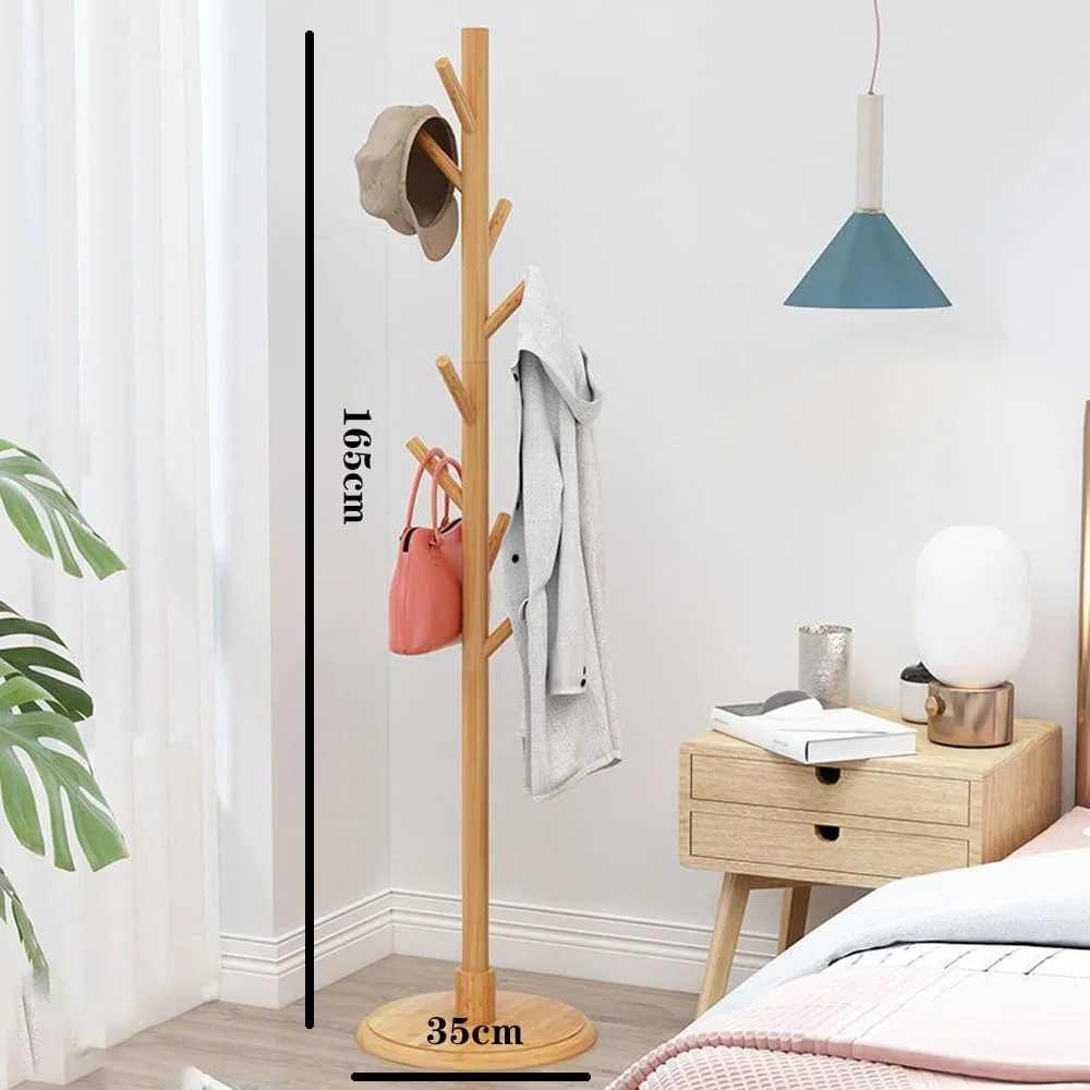 چوب لباسی ایستاده چوبی با 8 آویز، آویز درختی مستقل برای لباس، کلاه، شال، کیف، صرفه جویی در فضا برای اتاق خواب، دفتر، طبیعی