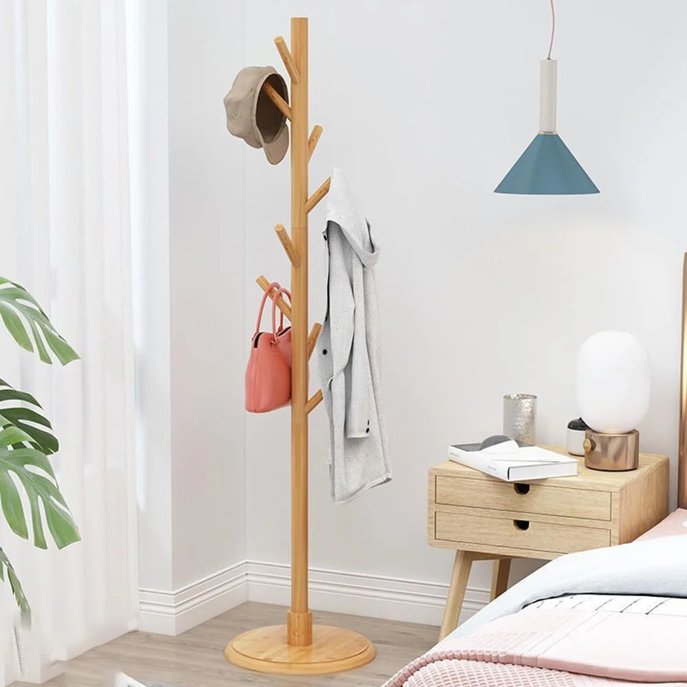چوب لباسی ایستاده چوبی با 8 آویز، آویز درختی مستقل برای لباس، کلاه، شال، کیف، صرفه جویی در فضا برای اتاق خواب، دفتر، طبیعی