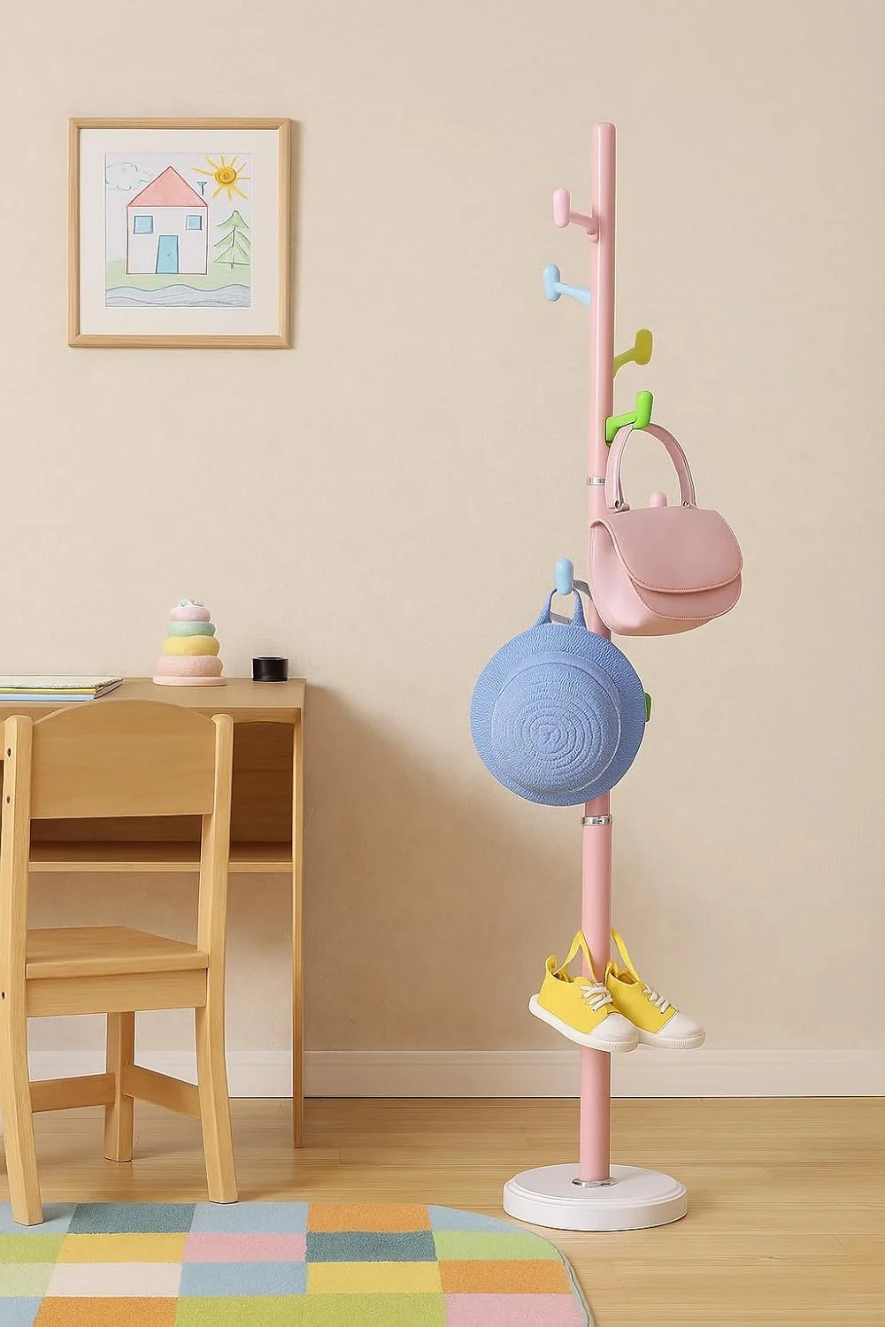 جالباسی ایستاده آرفان، آویز لباس، رخت آویز خانگی فلزی با 8 چنگک چند رنگ، نصب آسان در ورودی، اتاق خواب، راهرو برای کلاه، کیف، لباس، چتر و غیره. 6201 (صورتی)