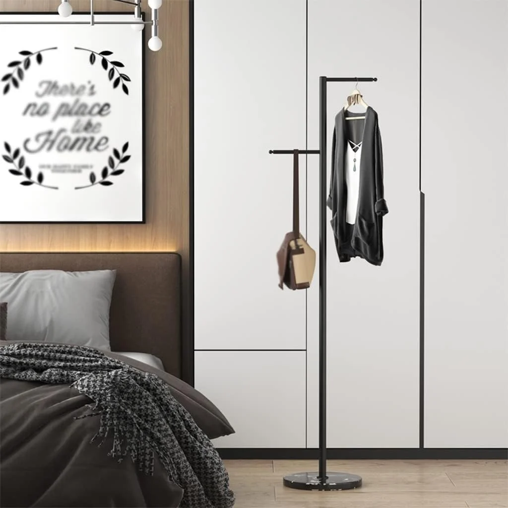 چوب لباسی ایستاده - آویز فلزی برای اتاق خواب، نشیمن و راهرو - پایه مرمر شیک - صرفه جویی در فضا - طراحی سفید (پس زمینه سفید-سفید)