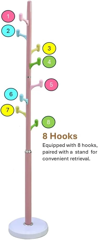 جالباسی ایستاده آرفان، آویز لباس، رخت آویز خانگی فلزی با 8 چنگک چند رنگ، نصب آسان در ورودی، اتاق خواب، راهرو برای کلاه، کیف، لباس، چتر و غیره. 6201 (صورتی)