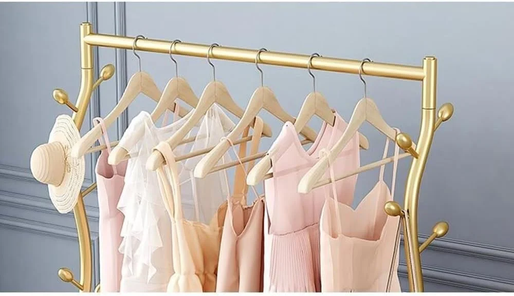 رگال لباس ایستاده، آویز لباس ساده مناسب اتاق خواب، بدون اشغال فضا، رگال لباس کوچک کنار تخت، رگال کلاه مناسب ورودی (طلایی - متوسط)