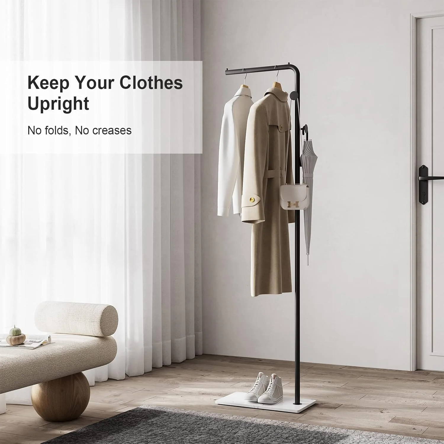جالباسی فلزی ایستاده، چوب لباسی ایستاده 170 سانتی‌متری با 3 آویز، پایه سنگین، جالباسی مدرن برای کت، شلوار، پیراهن و لباس (مشکی)