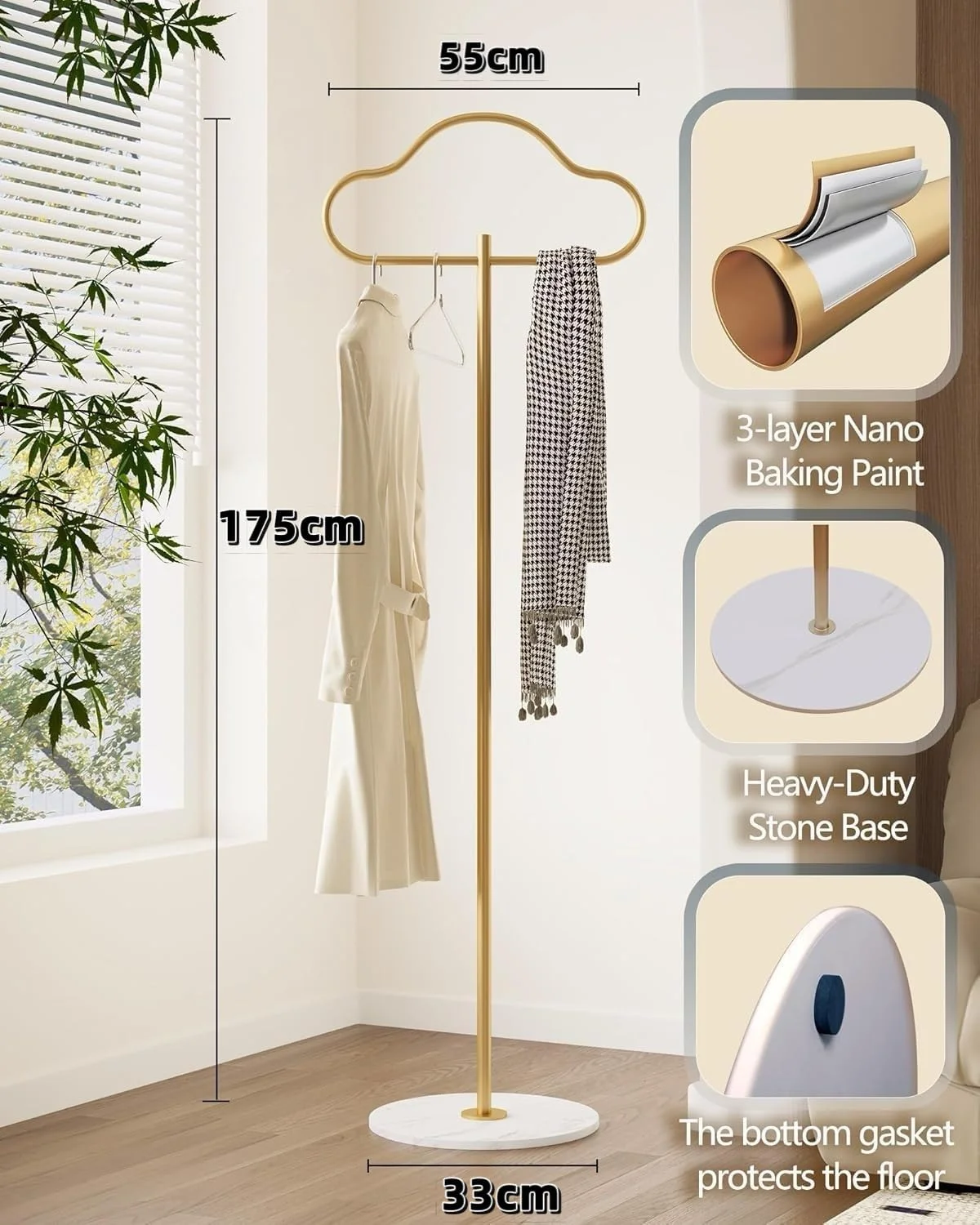 رخت آویز ایستاده طلایی با پایه مرمر طبیعی، آویز لباس فلزی مدرن و مقاوم، مناسب برای کلاه، شال، کیف، و کت (طلایی)