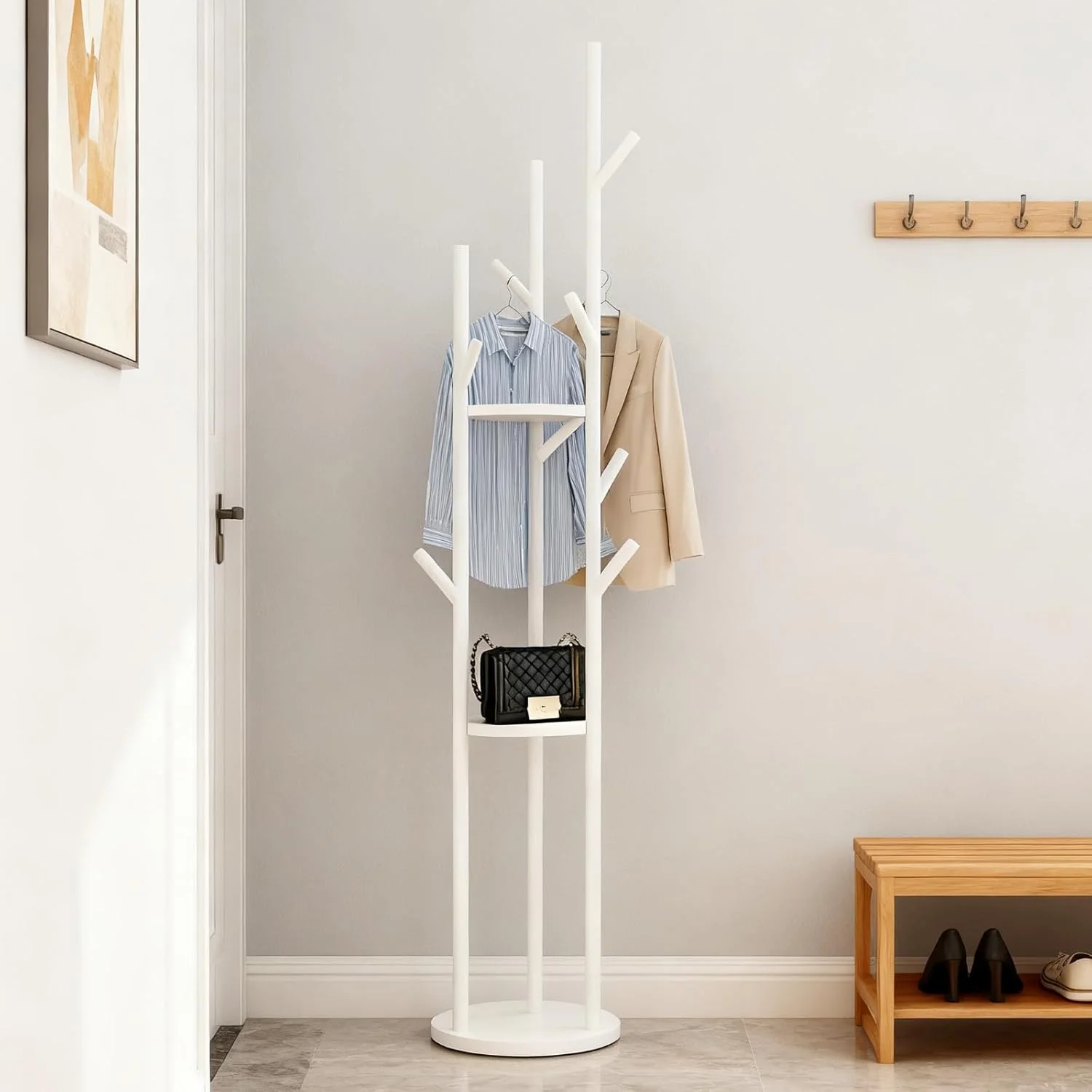 جالباسی ایستاده، جالباسی مدرن با 3 طبقه و 9 آویز، جالباسی فلزی، آویز درختی با پایه مرمر، مناسب ورودی، راهرو، اتاق خواب - سفید